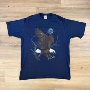 Vintage 90s American Bald Eagle Single Stitch Blue Shirt Jerzees Tag Sz XL USA